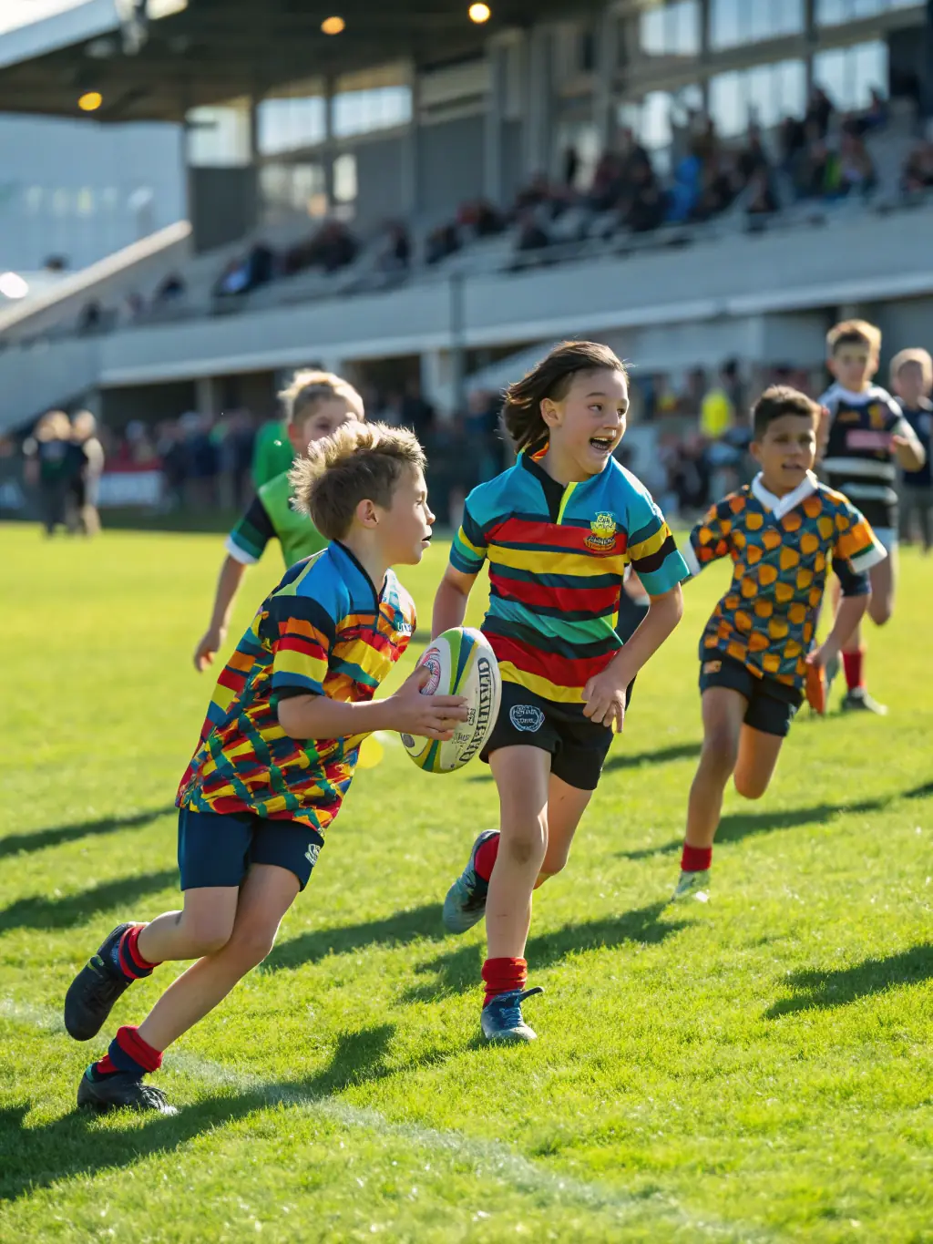 A diverse group of young athletes participating in a rugby match, highlighting inclusivity and sportsmanship.